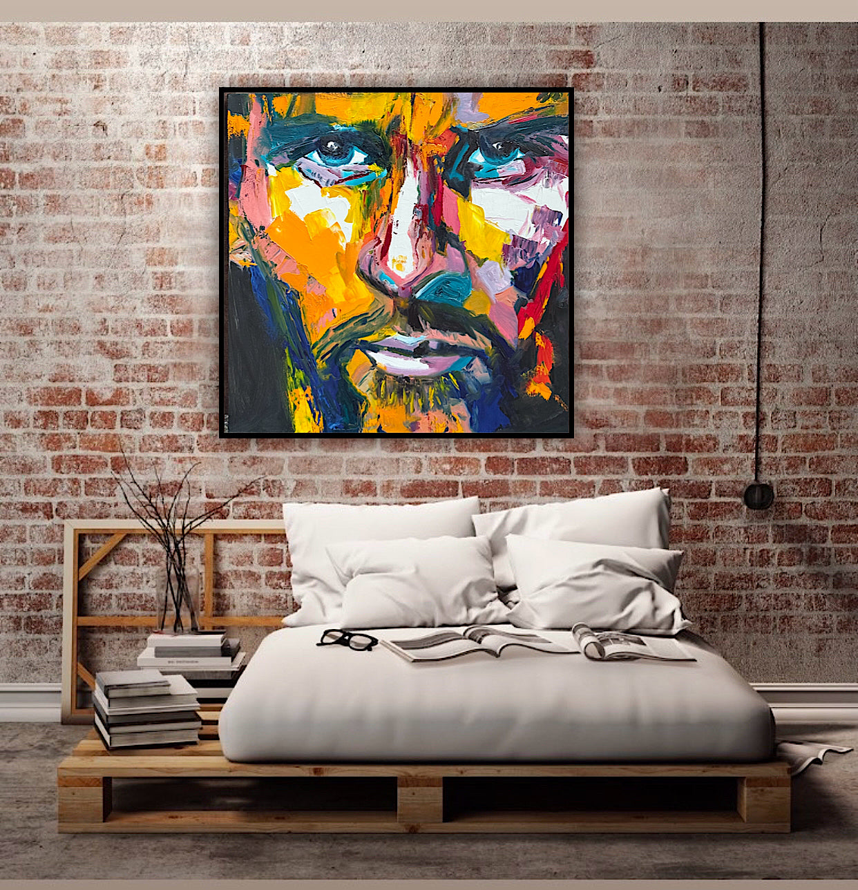 Original Abstract mixed media oil Painting On Canvas 50x50cm male portrait ‘Alejandro’ oka