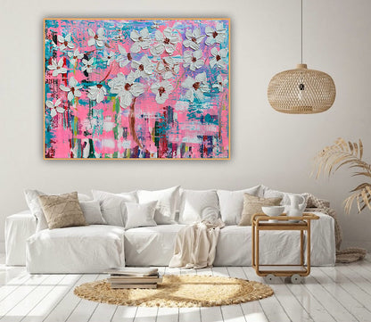Large Abstract Original Oil Painting On 100x77cm canvas ‘White Flowers ’ vogue oka