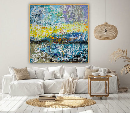 Original Abstract Oil Painting On Canvas Textured 100x100cm  Tides of Radiance (seaside)