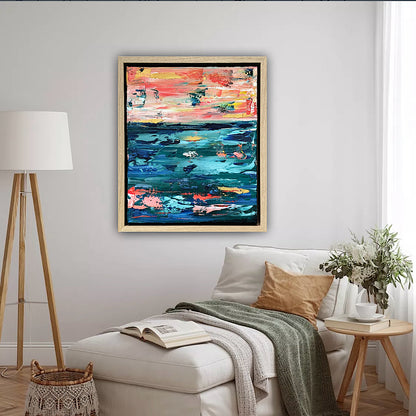Framed in oak Original Abstract contemporary Oil Painting On Canvas 40x35cm  textured Oka Azure Ember