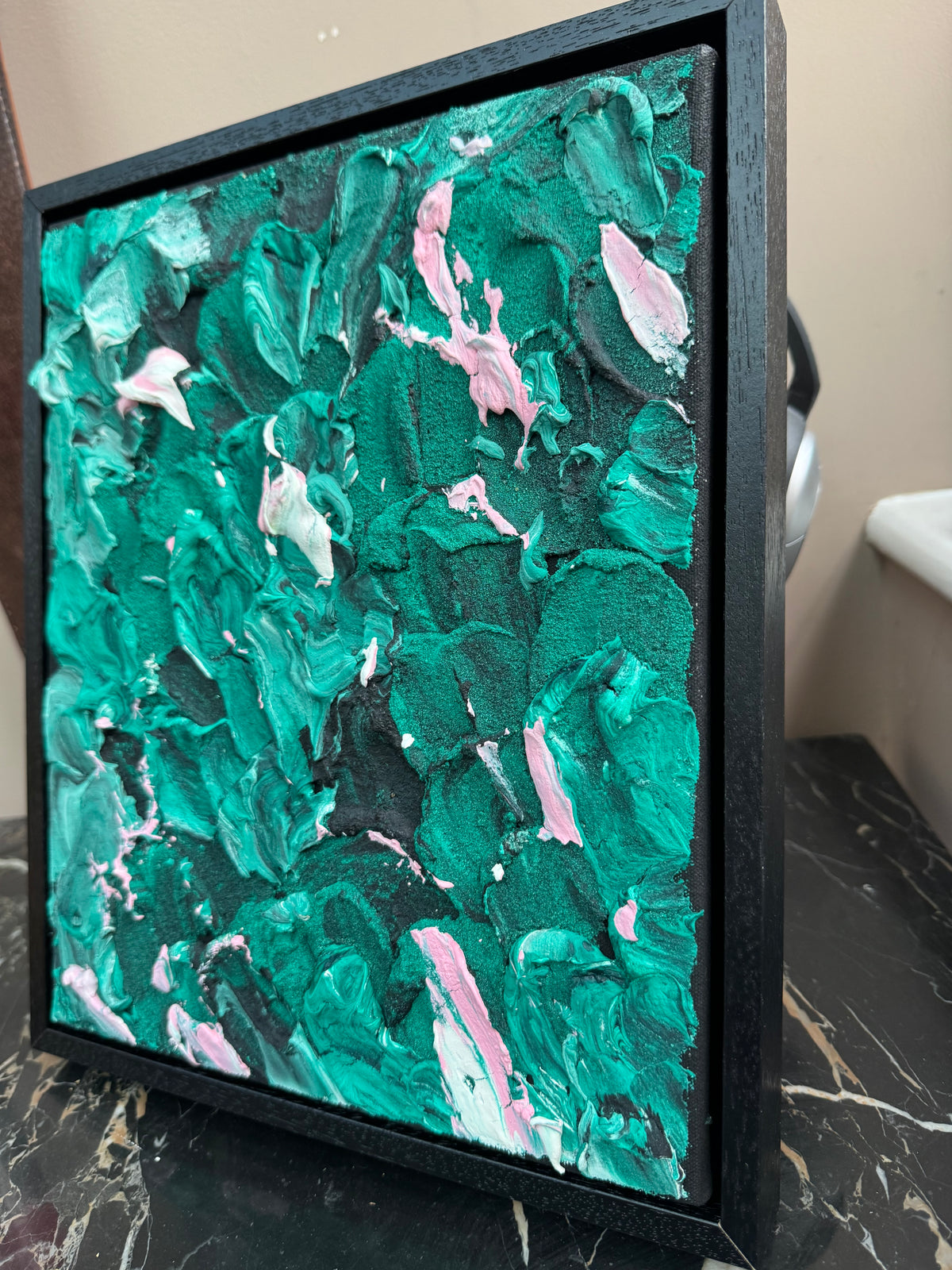 Framed in black textured Original Contemporary Abstract Oil Painting On Canvas 28x33cm Garden Love