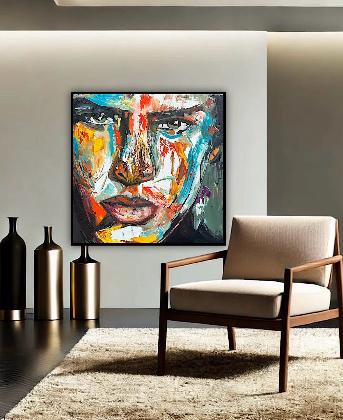 Original Abstract mixed media oil Painting On Canvas 50x50cm male portrait ‘Fernando’ oka