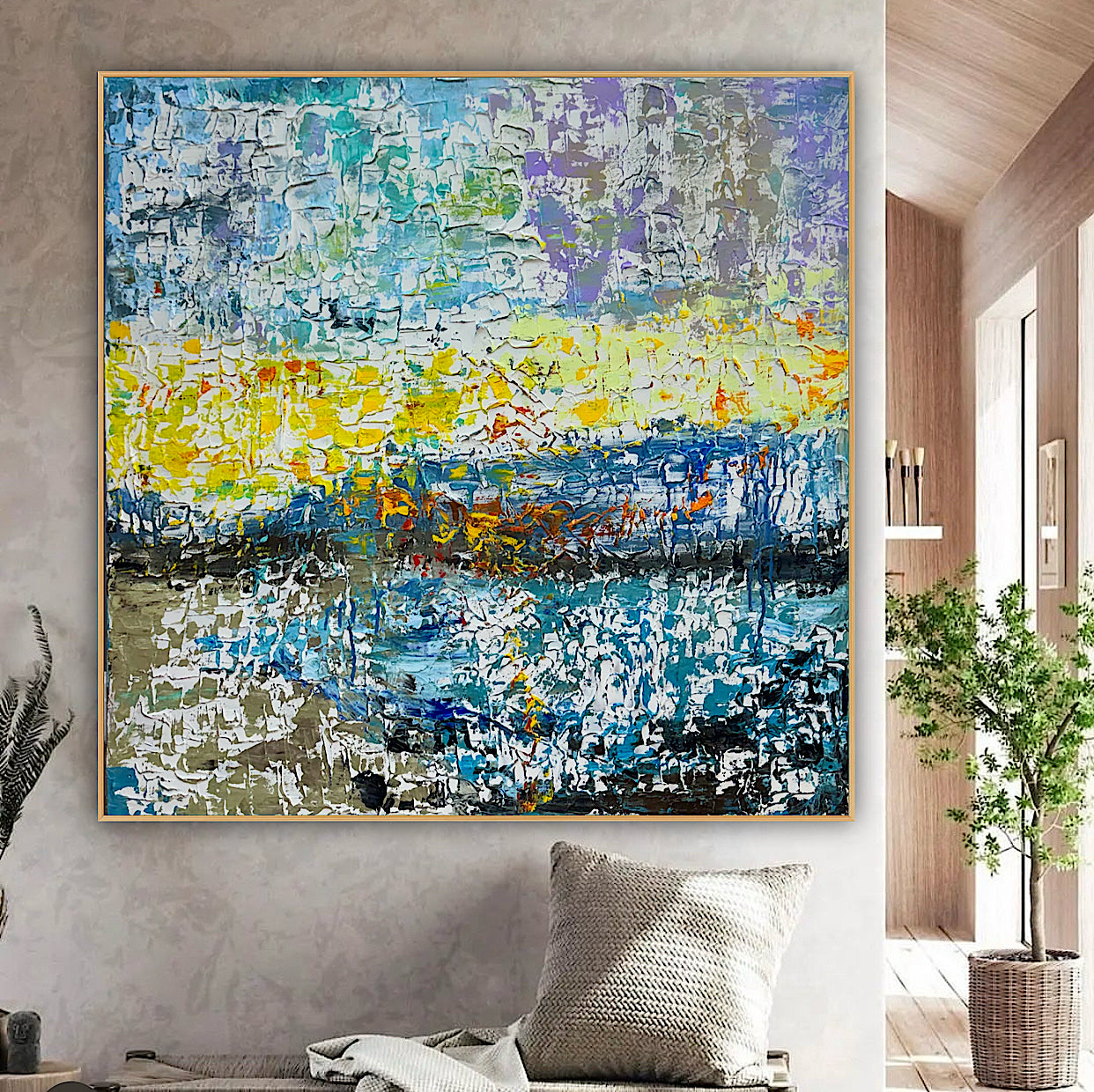 Original Abstract Oil Painting On Canvas Textured 100x100cm  Tides of Radiance (seaside)
