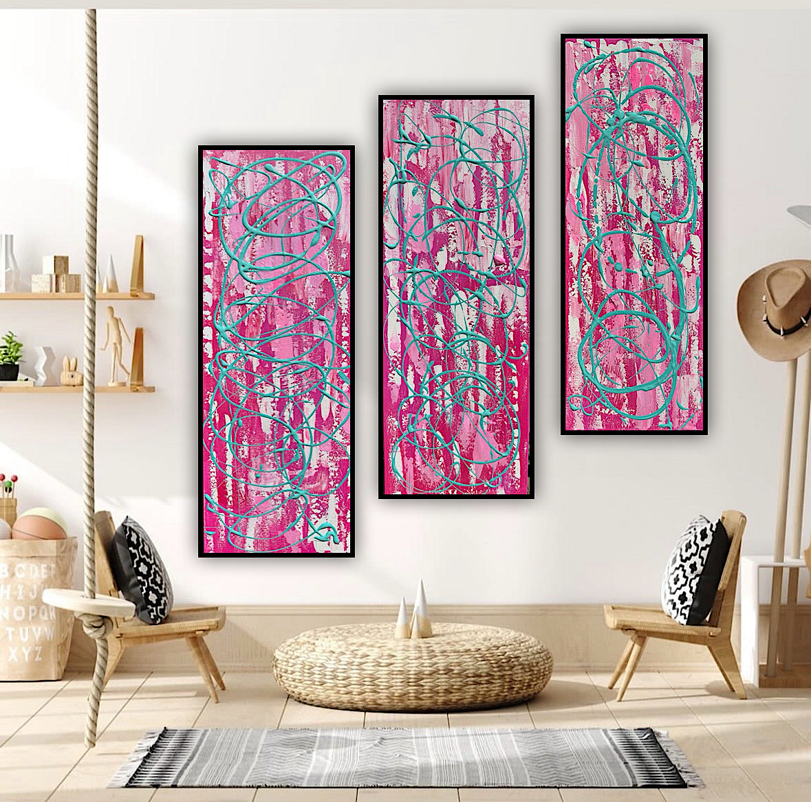 Oka set of 3 Modern Abstract Original Oil Paintings On Canvas ‘’Japan blossom’ 80 x 90 cm overall