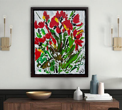 Framed Original Contemporary Abstract Oil Painting On Canvas 38 x 32cm ‘ Red Flowers