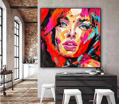 Richter Style Abstract Original Oil Painting On 100 x 100cm canvas Red head  woman portrait