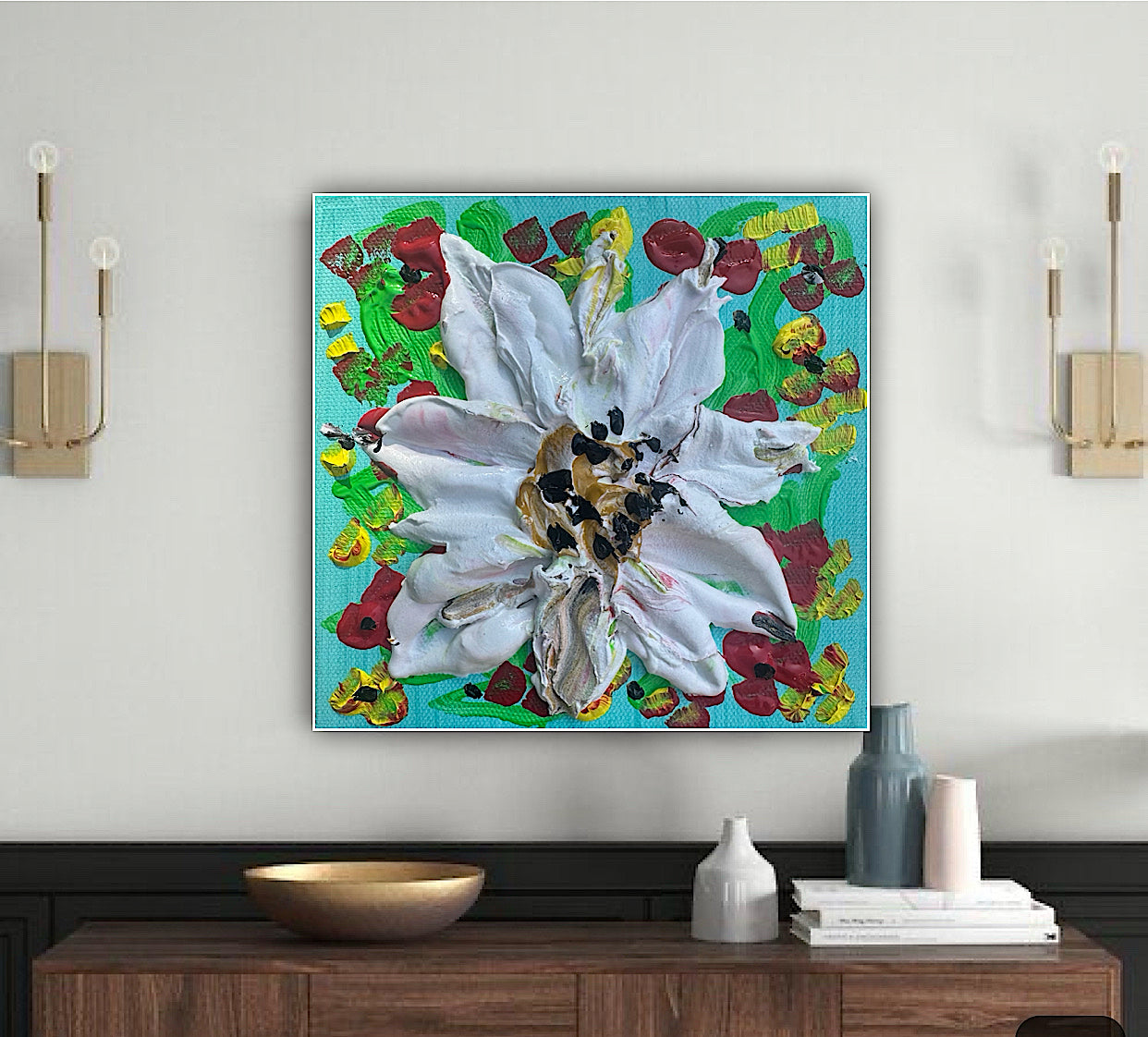 Modern Abstract Original Oil Paintings On 4cm deep Canvas ‘white flower ’  15x15cm textured