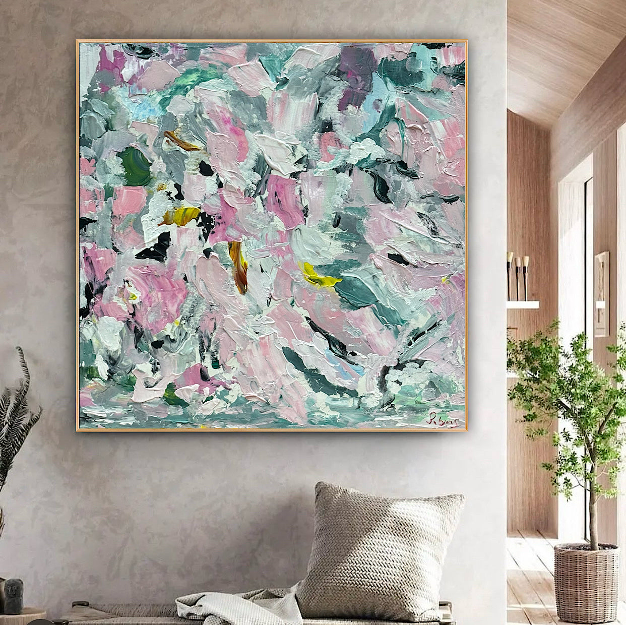 Large Abstract Original Oil Painting On 50x50cm canvas textured Painting ‘Pink Fusion’ Oka framed in solid oak frame