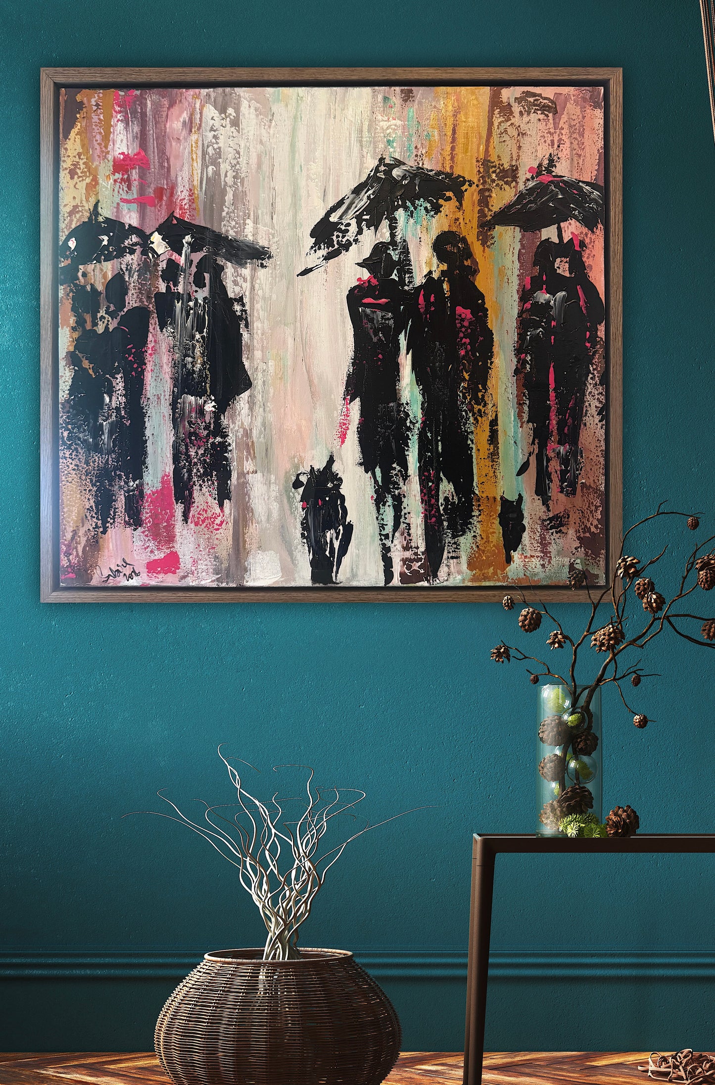 Original Abstract contemporary Oil Painting On Canvas 64cm x 60cm London in the Rain Framed in dark oak