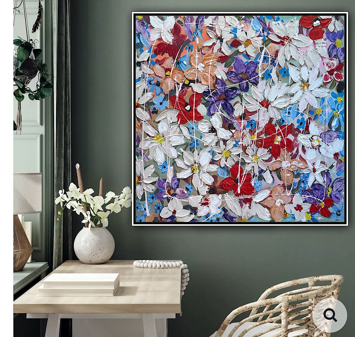 Framed Original Abstract Oil Painting On Canvas 80x80cm Roses & more Flowers Textured