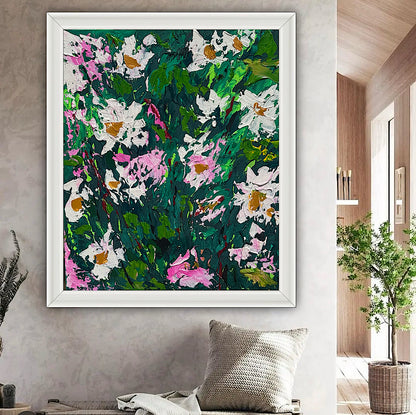 Original Abstract Oil Painting On Canvas board 60 x 50cm garden white flowers II Oka