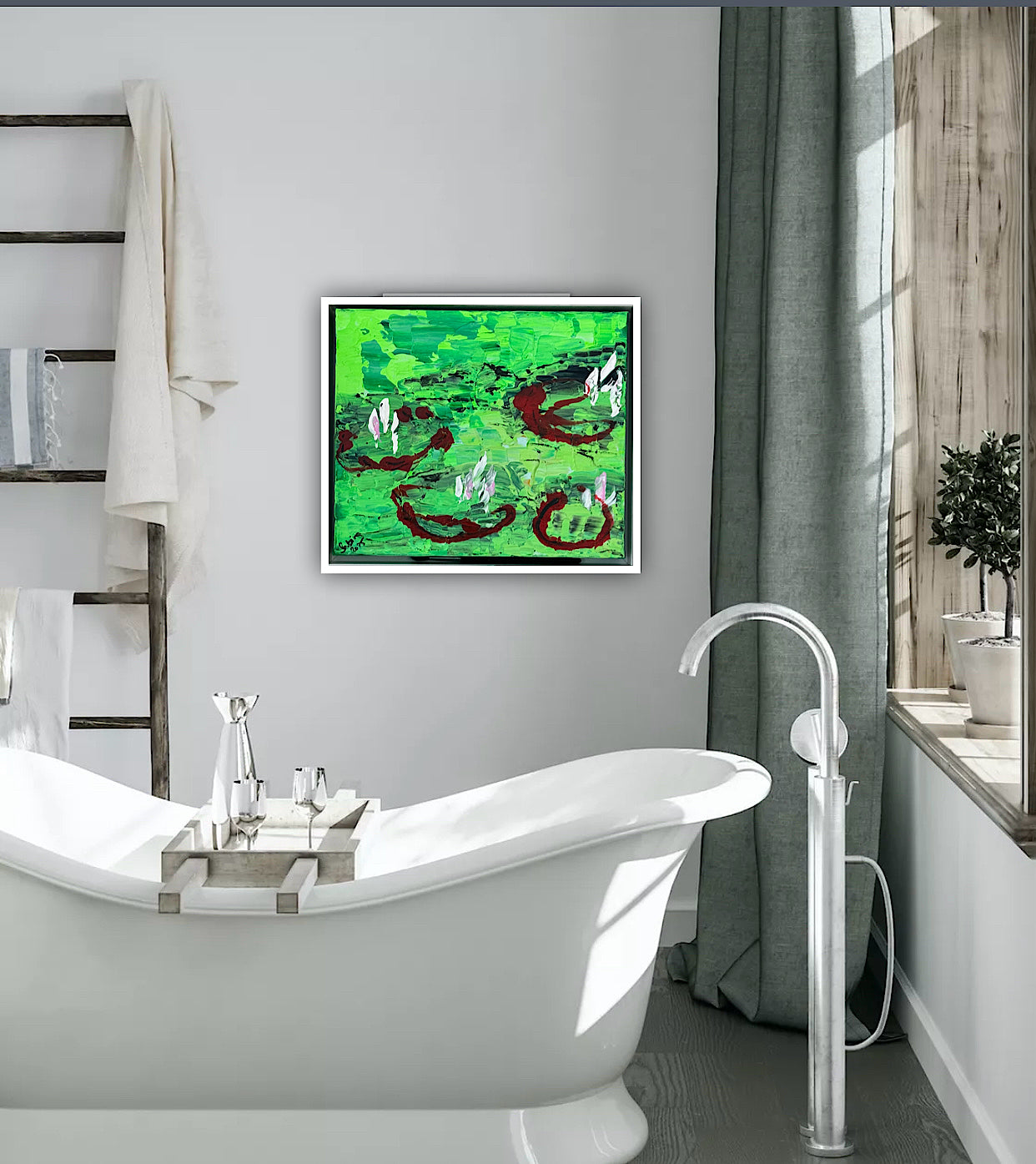 Framed Original Abstract contemporary Oil Painting On Canvas 36 x 33cm  Lily Pond oka
