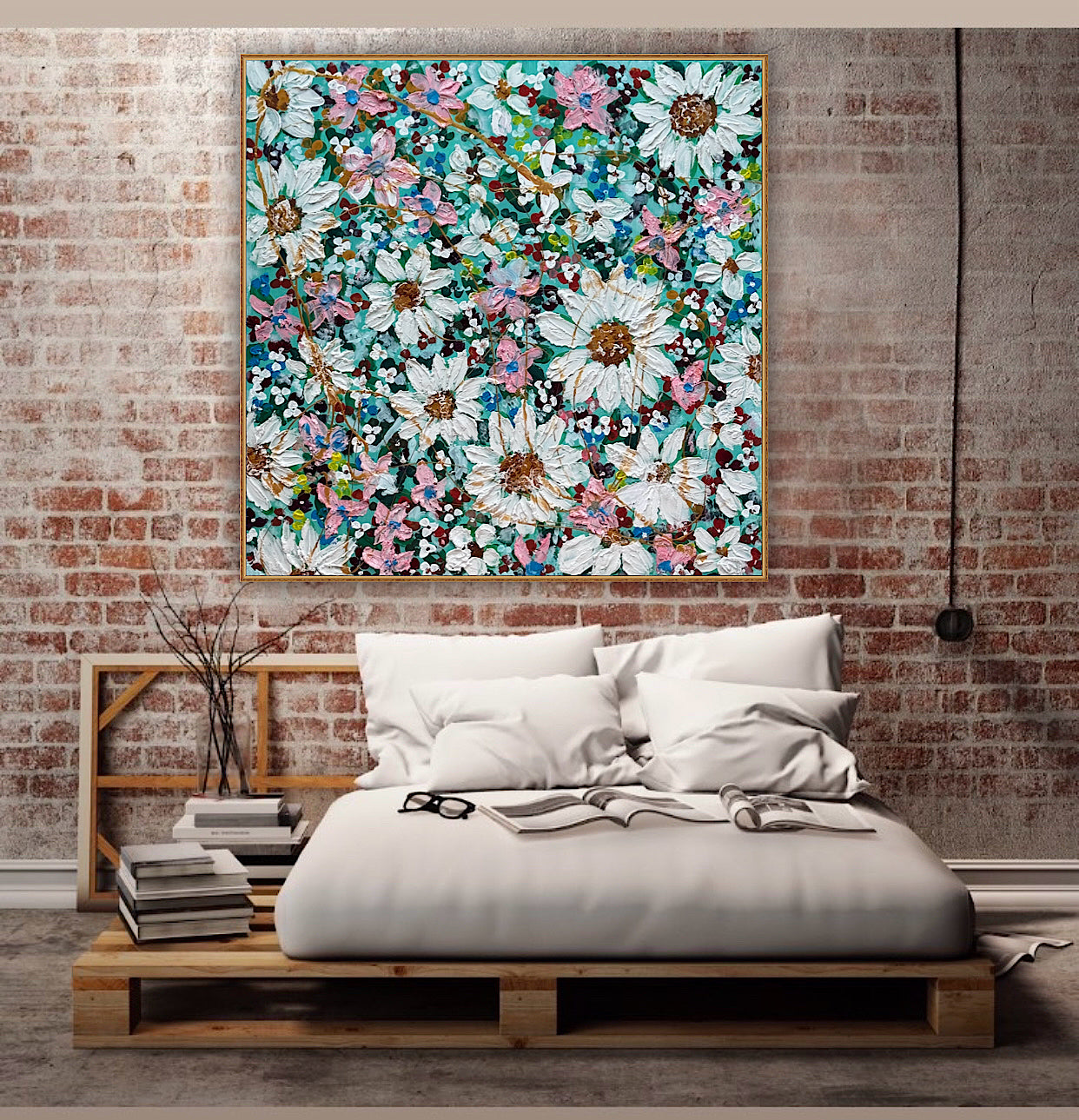 Original Abstract Oil Painting On deep edge Canvas 100x100cm Daisies & more Flowers Textured