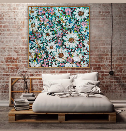 Original Abstract Oil Painting On deep edge Canvas 100x100cm Daisies & more Flowers Textured