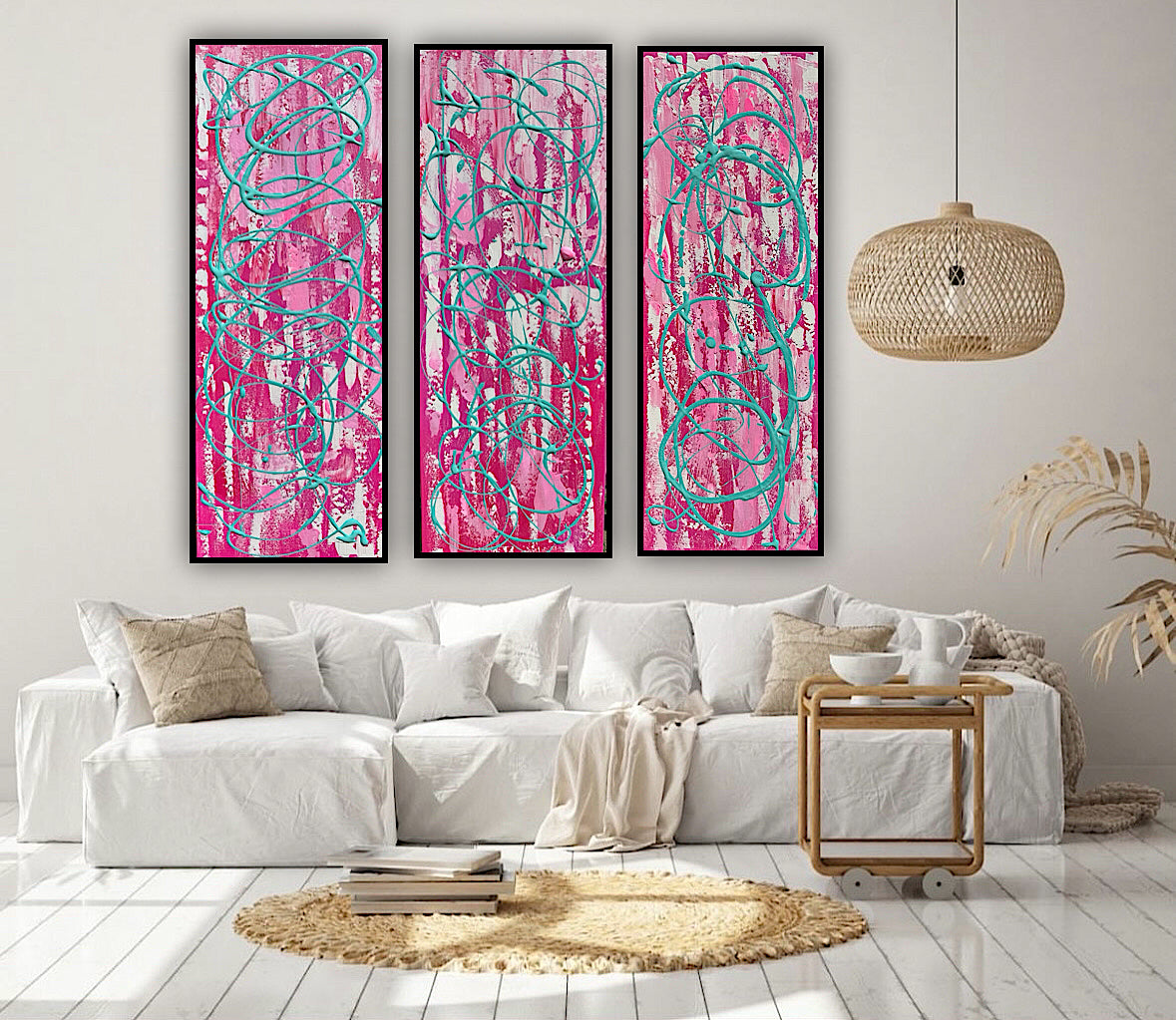Oka set of 3 Modern Abstract Original Oil Paintings On Canvas ‘’Japan blossom’ 80 x 90 cm overall