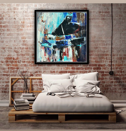 Framed in black Textured Original Abstract Oil Painting On Canvas 55x55cm Black Grand Piano