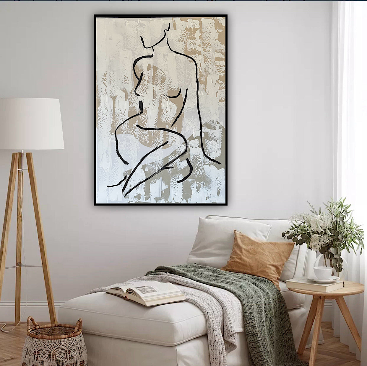 Framed in black Original Abstract contemporary Oil Painting On Canvas 70x50cm Nude textured Oka