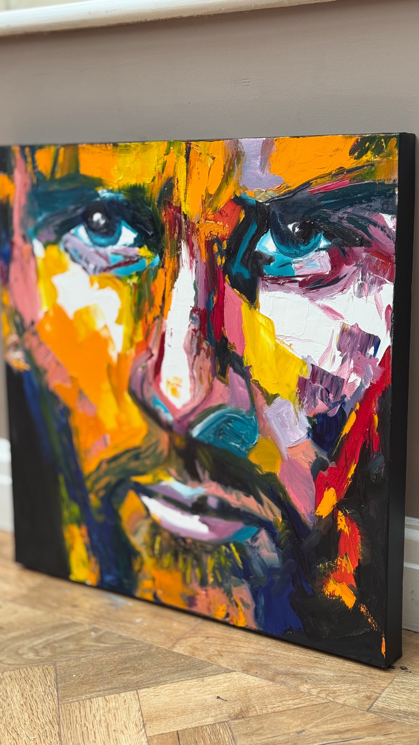 Original Abstract mixed media oil Painting On Canvas 50x50cm male portrait ‘Alejandro’ oka
