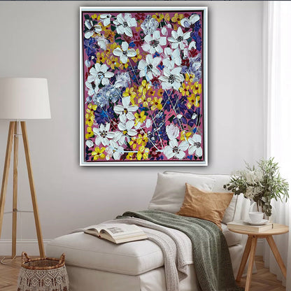 Framed Original Abstract Oil Painting On Canvas 80 x 65cm white flowers in bloom textured framed