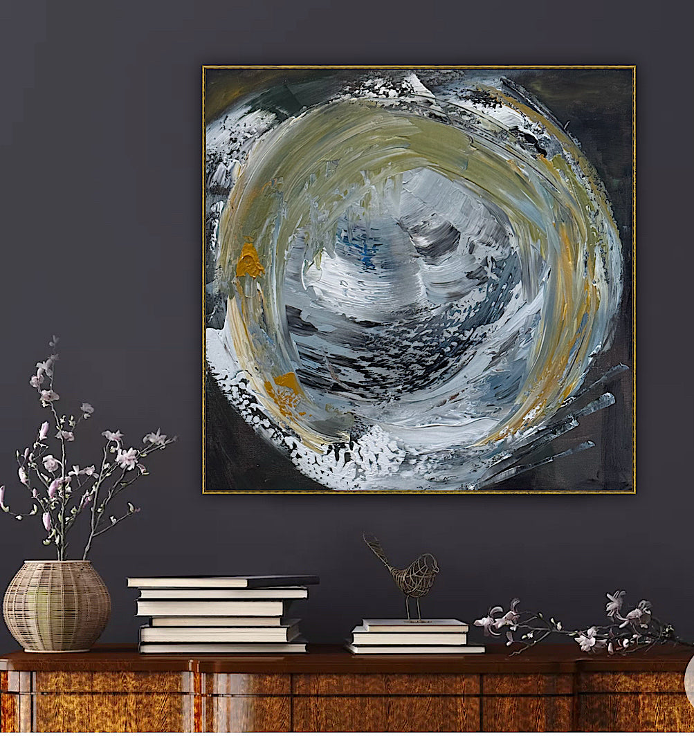 Original Abstract mixed media oil acrylic wax Painting On Canvas 50x50cm Gold & Ash Orbit oka
