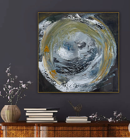Original Abstract mixed media oil acrylic wax Painting On Canvas 50x50cm Gold & Ash Orbit oka