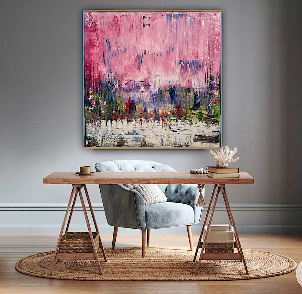 Oka style textured Original modern Abstract Oil Painting On Canvas 80 x 80cm ‘Pink Horizon’