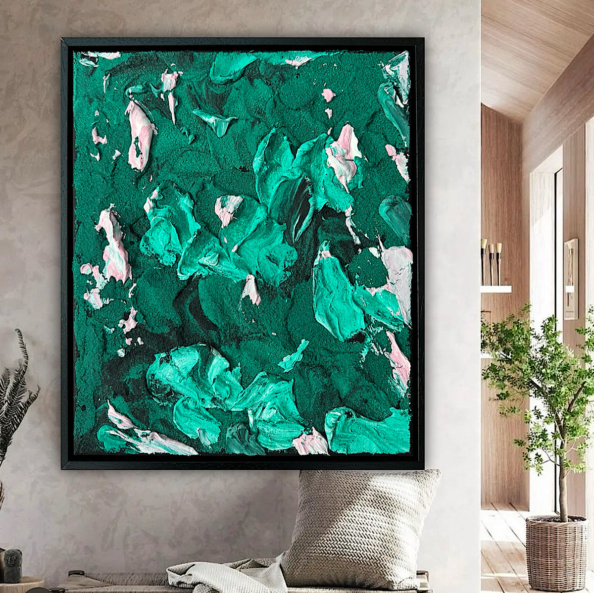 Framed in black textured Original Contemporary Abstract Oil Painting On Canvas 35x41cm Garden Love II