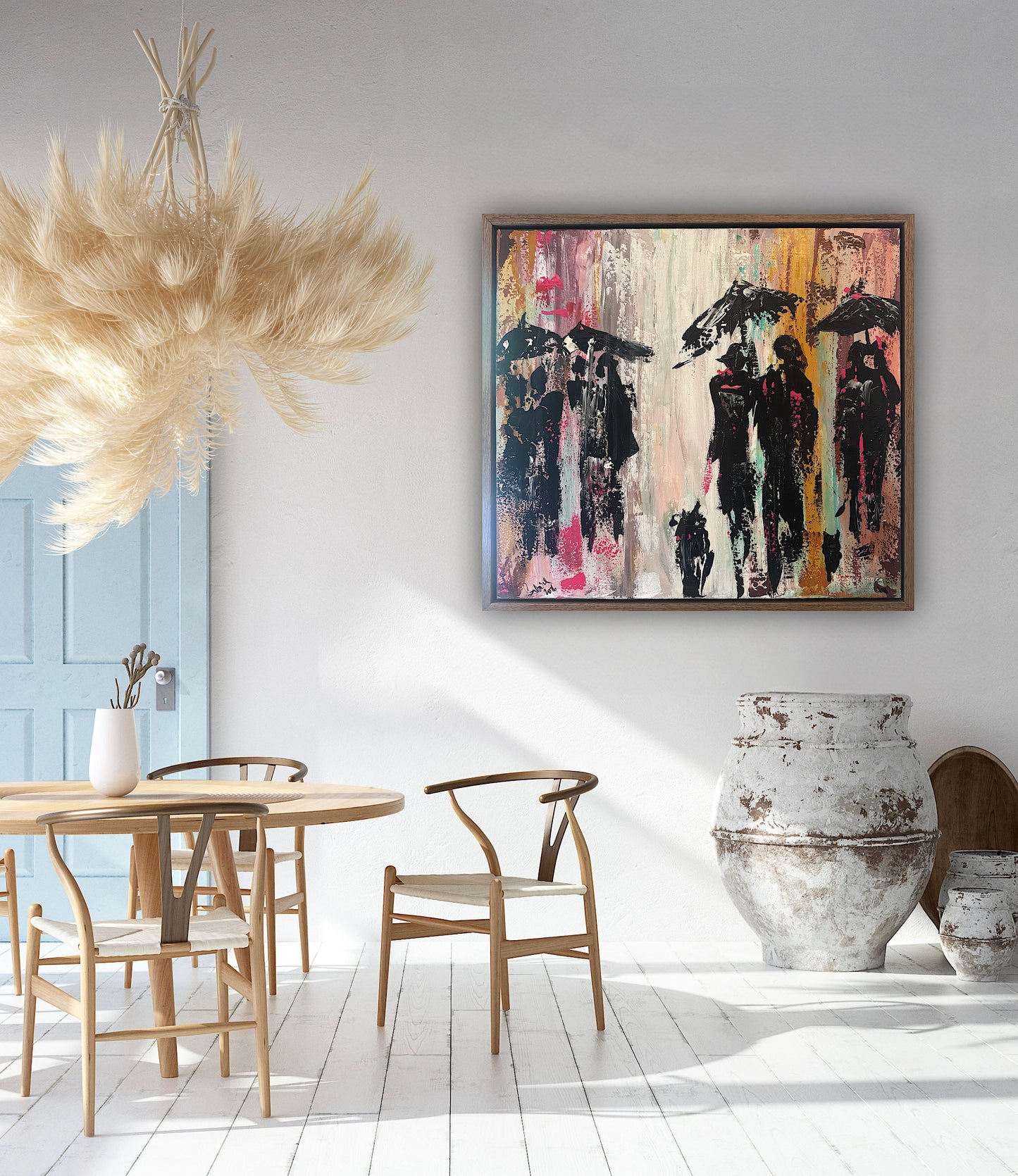 Original Abstract contemporary Oil Painting On Canvas 64cm x 60cm London in the Rain Framed in dark oak