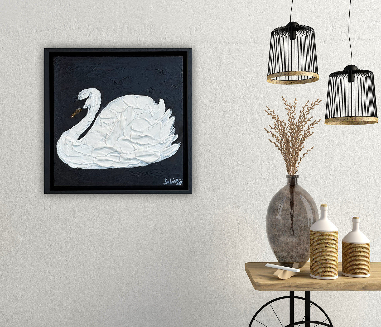 Framed Original Abstract contemporary Oil Painting On Canvas 30x30cm Swan Nocturne oka