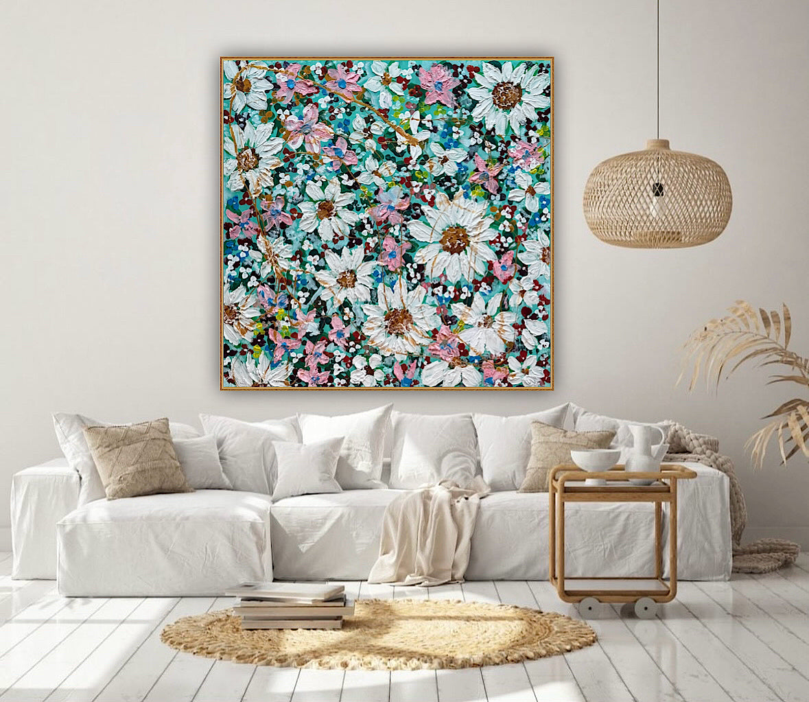 Original Abstract Oil Painting On deep edge Canvas 100x100cm Daisies & more Flowers Textured
