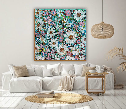 Original Abstract Oil Painting On deep edge Canvas 100x100cm Daisies & more Flowers Textured
