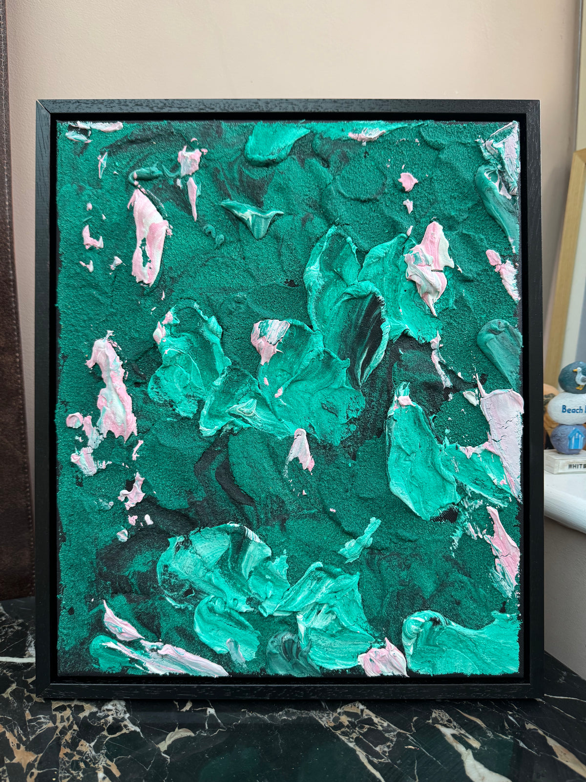 Framed in black textured Original Contemporary Abstract Oil Painting On Canvas 35x41cm Garden Love II