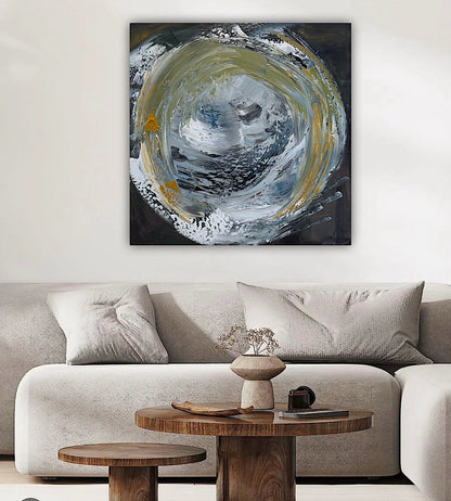 Original Abstract mixed media oil acrylic wax Painting On Canvas 50x50cm Gold & Ash Orbit oka