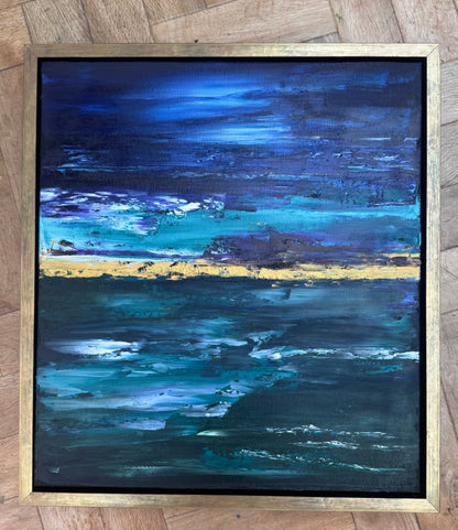 Framed in gold oak frame Original Abstract contemporary Oil Painting On Canvas 55x50cm  textured Oka Night Ocean