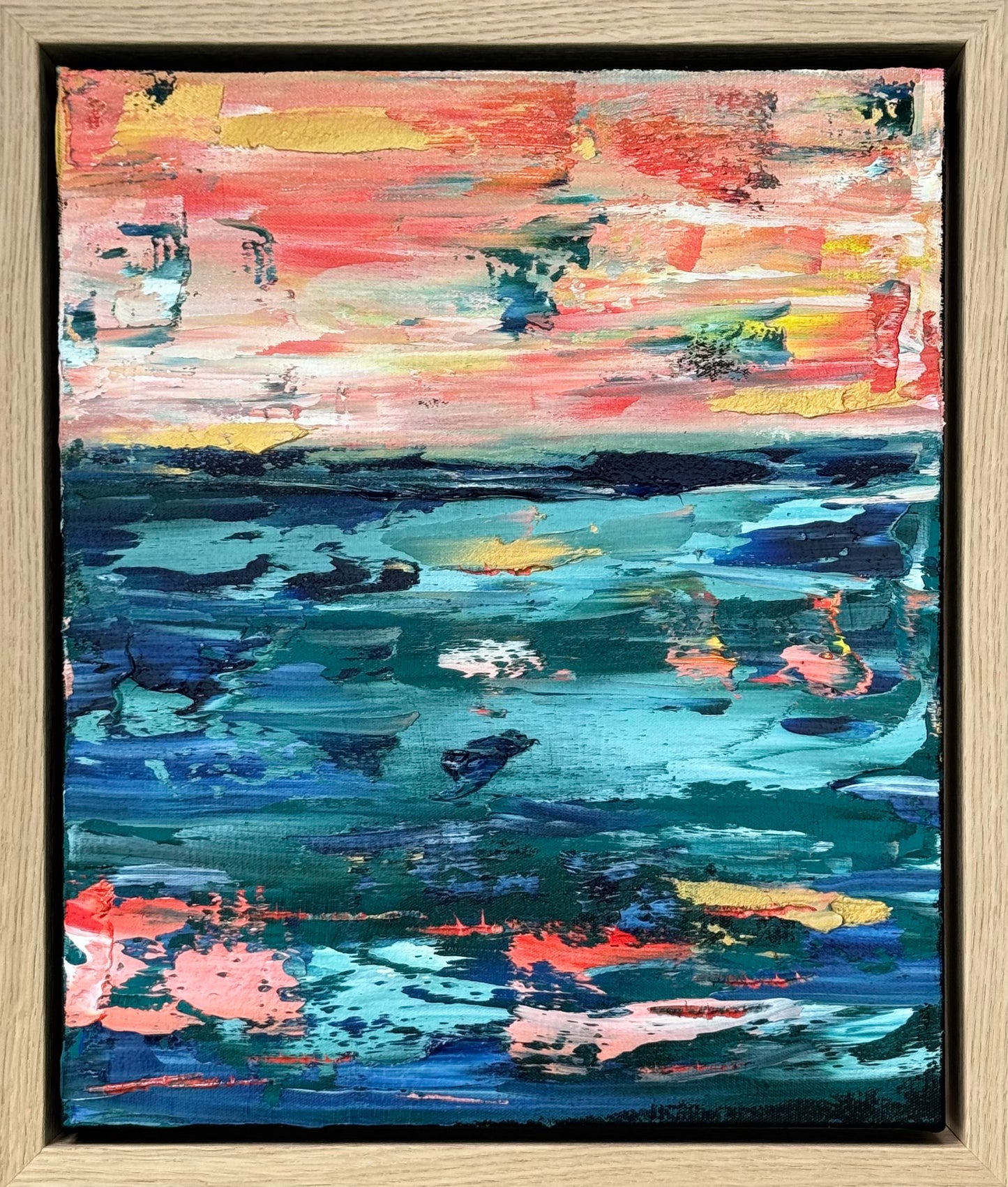Framed in oak Original Abstract contemporary Oil Painting On Canvas 40x35cm  textured Oka Azure Ember