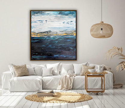 Framed in gold oak frame Original Abstract contemporary Oil Painting On Canvas 77x70cm  textured Oka Coastal Line