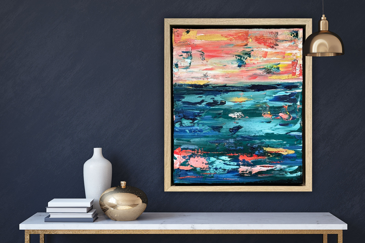 Framed in oak Original Abstract contemporary Oil Painting On Canvas 40x35cm  textured Oka Azure Ember