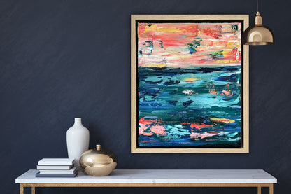 Framed in oak Original Abstract contemporary Oil Painting On Canvas 40x35cm  textured Oka Azure Ember