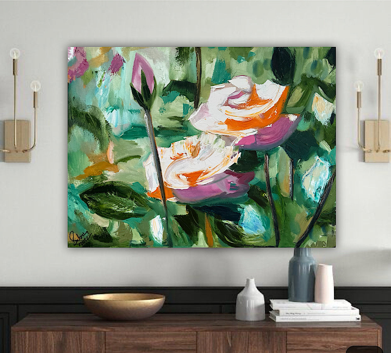 Renoir Summer white Roses Original abstract Oil Painting On Canvas 60x46cm