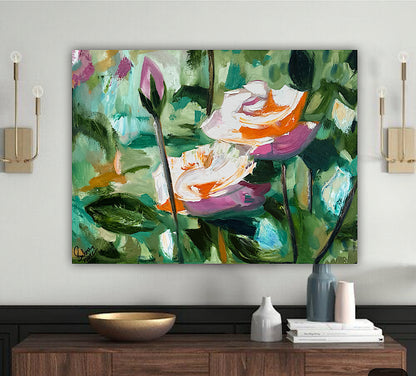 Renoir Summer white Roses Original abstract Oil Painting On Canvas 60x46cm