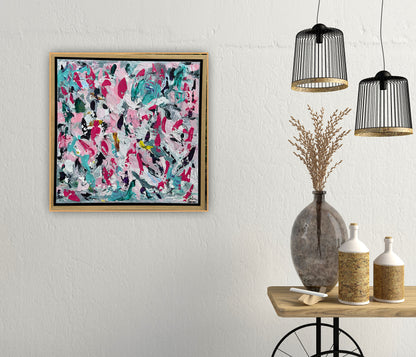 Abstract Original Oil Painting On 50x50cm canvas textured Painting ‘Summer Garden’ Oka framed in solid oak frame