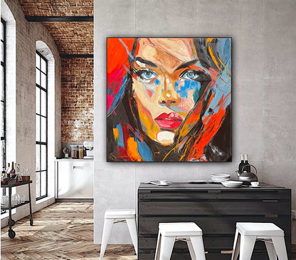 Richter Style Abstract Original Oil Painting On 100 x 100cm canvas Blue eyes  woman portrait