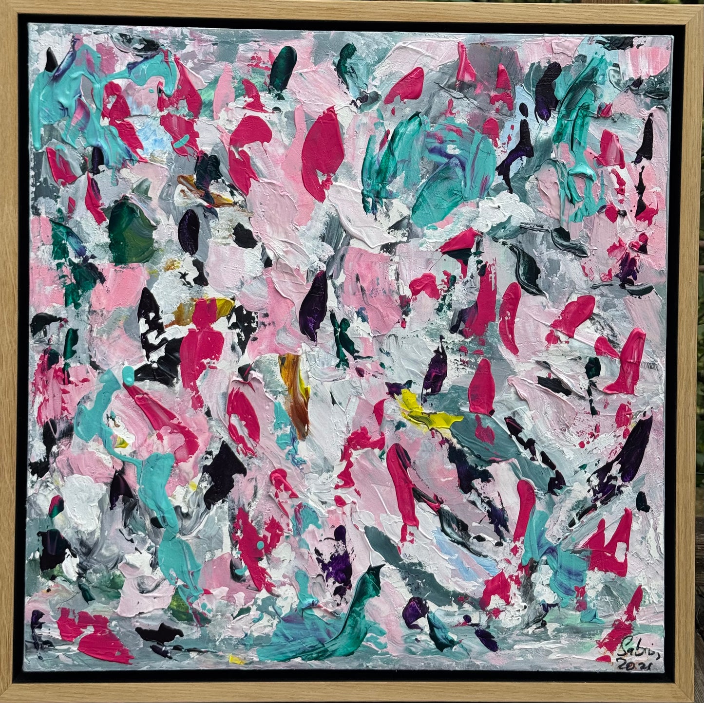 Abstract Original Oil Painting On 50x50cm canvas textured Painting ‘Summer Garden’ Oka framed in solid oak frame