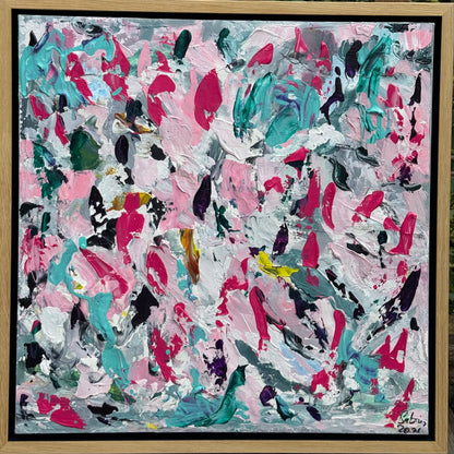 Abstract Original Oil Painting On 50x50cm canvas textured Painting ‘Summer Garden’ Oka framed in solid oak frame