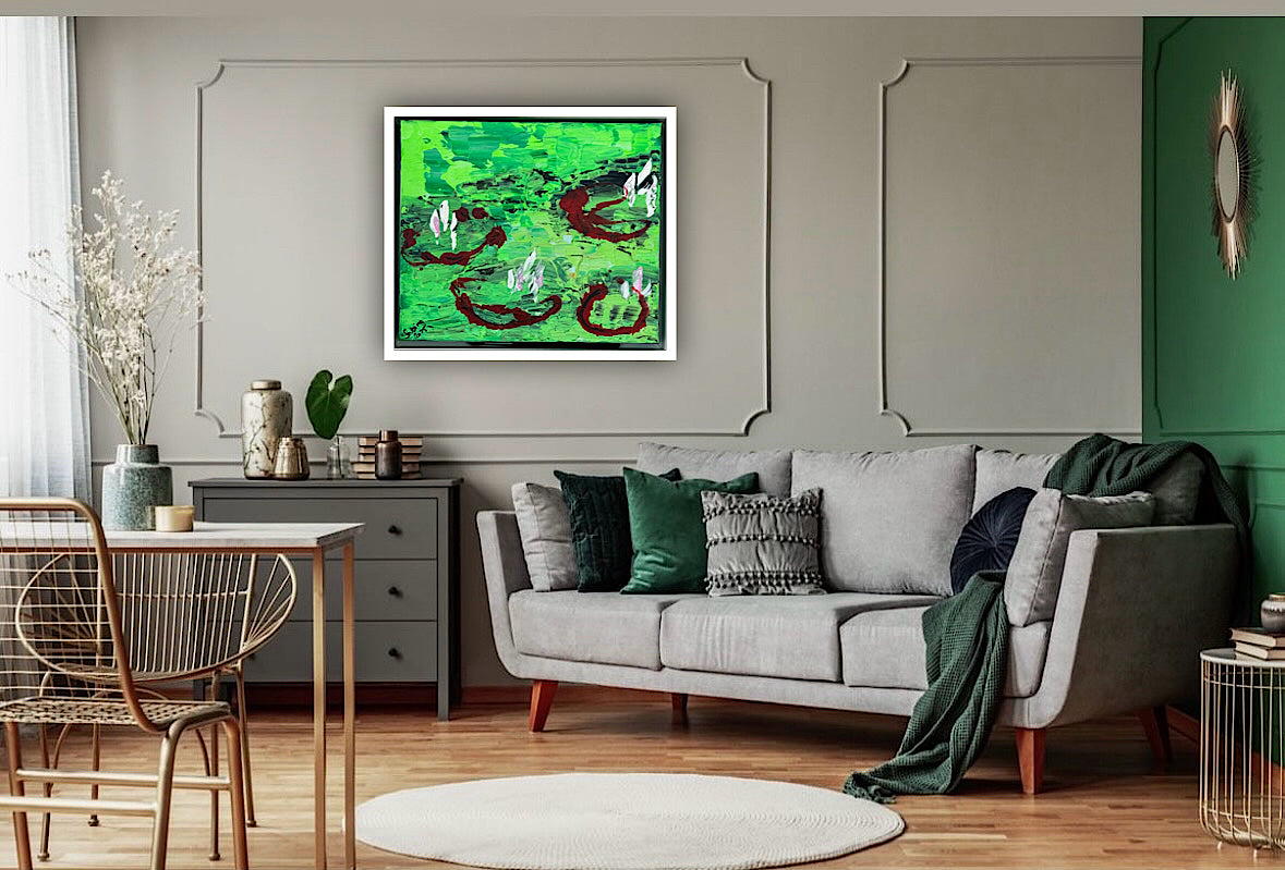 Framed Original Abstract contemporary Oil Painting On Canvas 36 x 33cm  Lily Pond oka