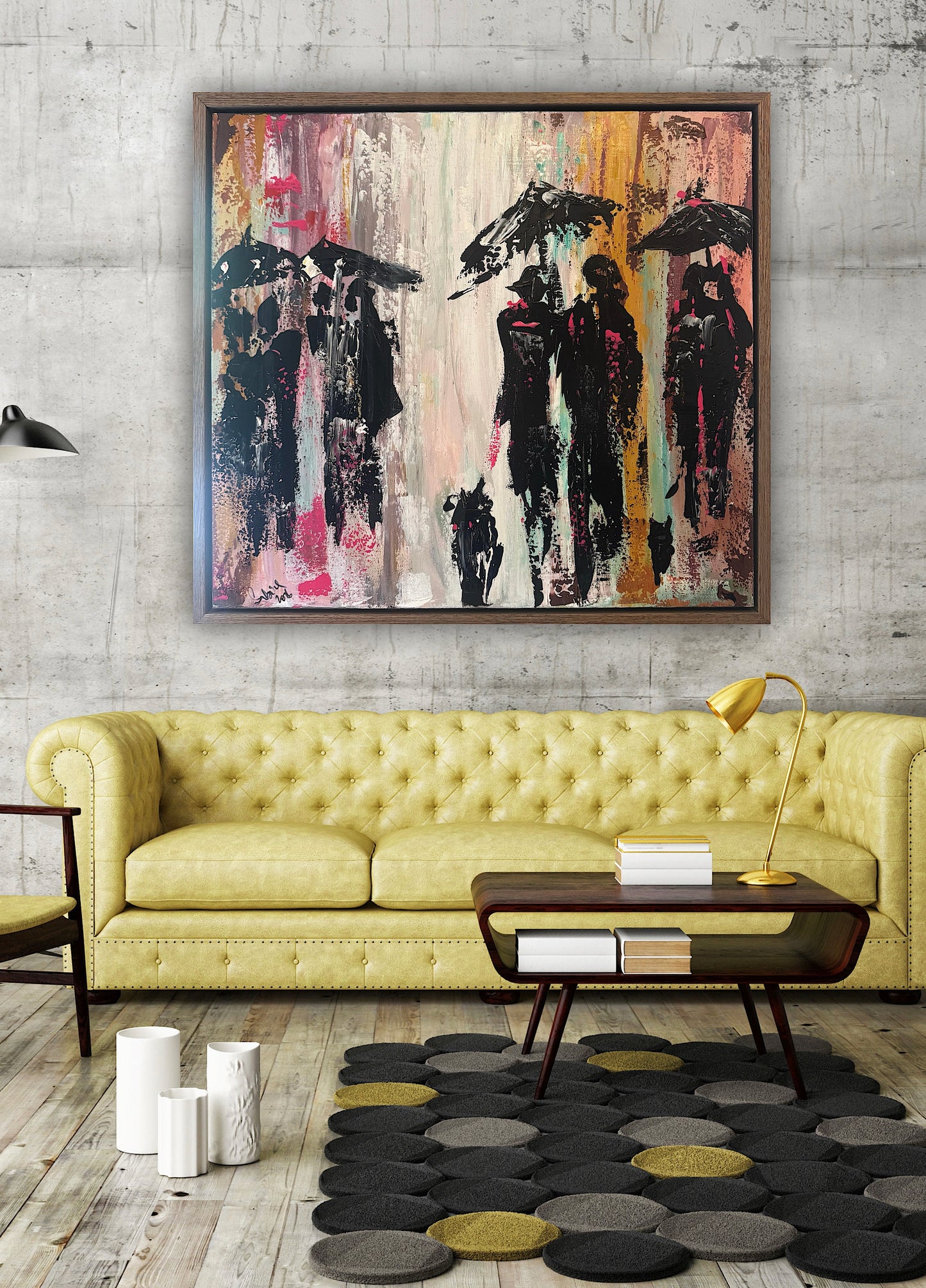 Original Abstract contemporary Oil Painting On Canvas 64cm x 60cm London in the Rain Framed in dark oak