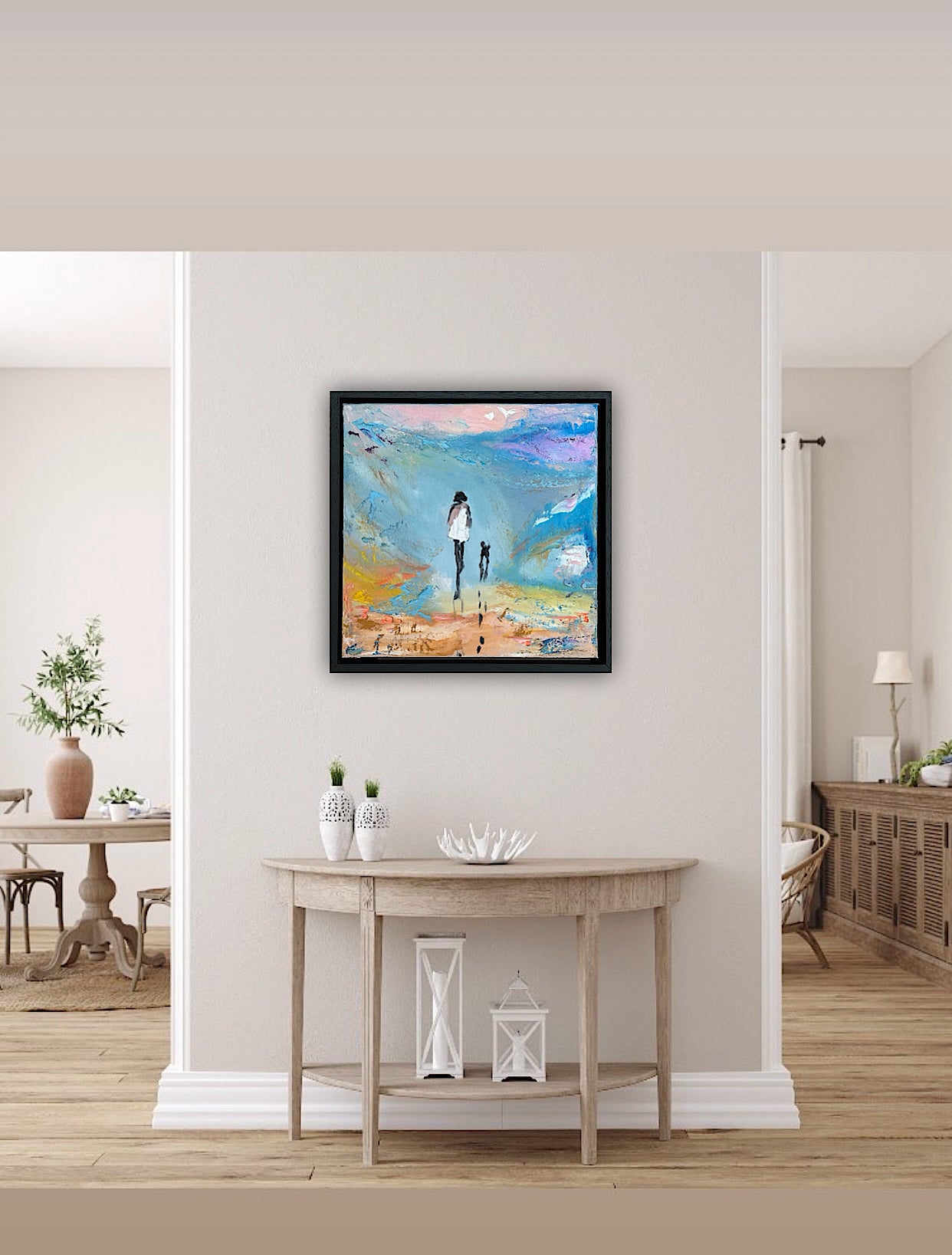 Framed in black frame Original Abstract contemporary Oil Painting On Canvas 35x35cm Woman and a dog ‘Little steps ‘