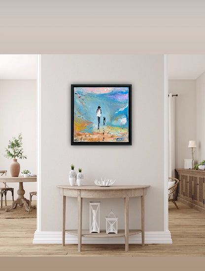 Framed in black frame Original Abstract contemporary Oil Painting On Canvas 35x35cm Woman and a dog ‘Little steps ‘