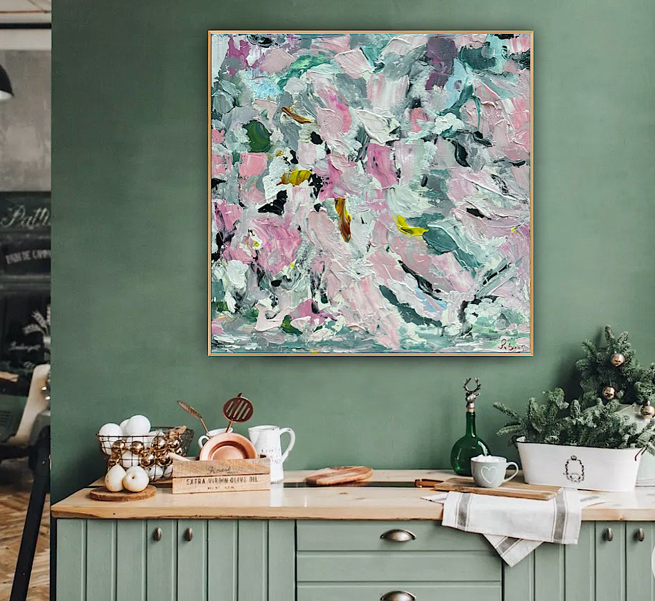 Large Abstract Original Oil Painting On 50x50cm canvas textured Painting ‘Pink Fusion’ Oka framed in solid oak frame