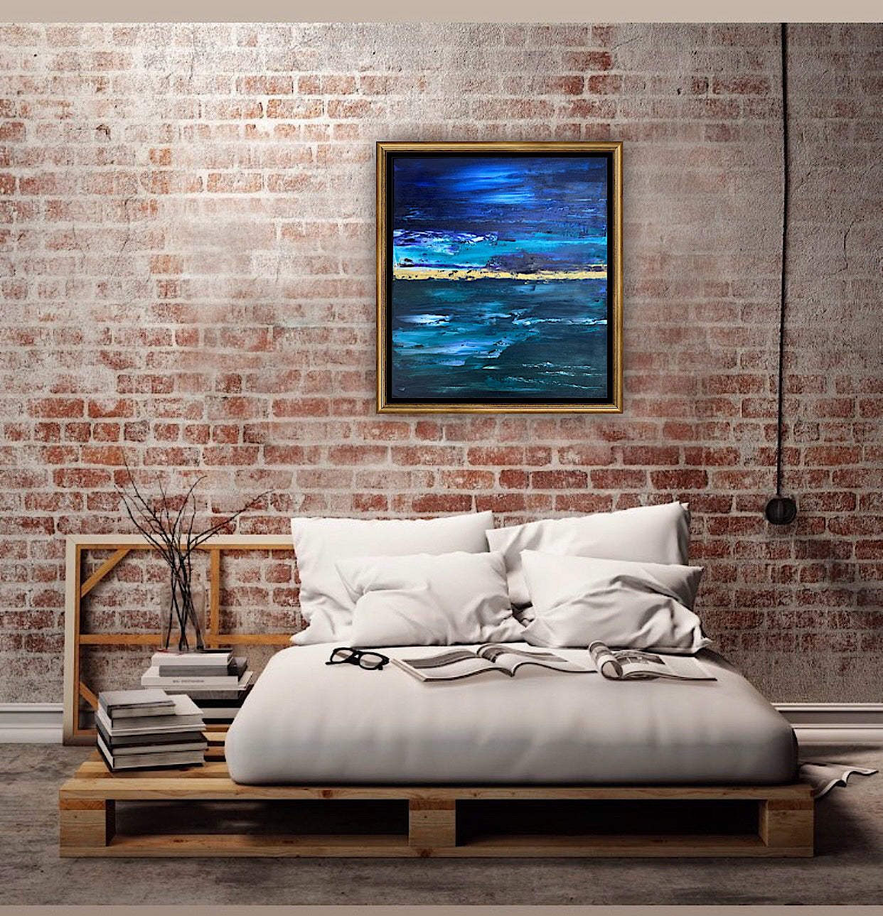Framed in gold oak frame Original Abstract contemporary Oil Painting On Canvas 55x50cm  textured Oka Night Ocean